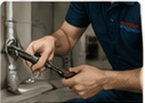 Plumber repairing a sink pipe with a wrench
