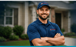 Professional plumber standing outside a home, representing residential plumbing services in Homewood, Alabama.